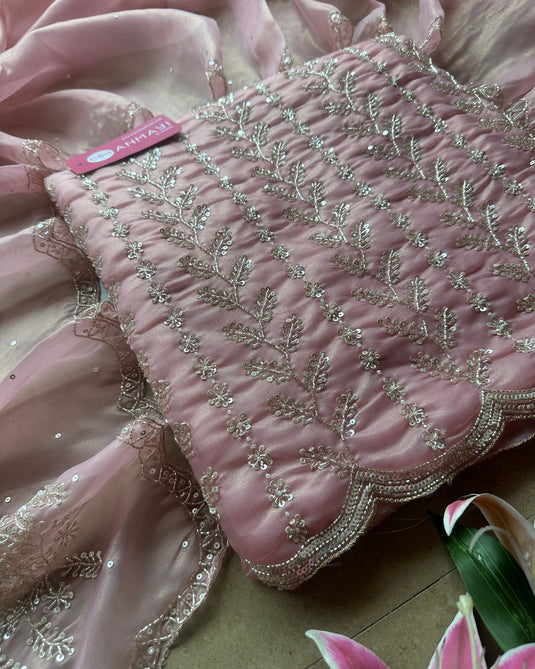 Hand embroidered cutdana work shimmer organza suit set