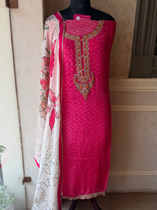 Abstract self fuchsia pink combination upada silk suit set