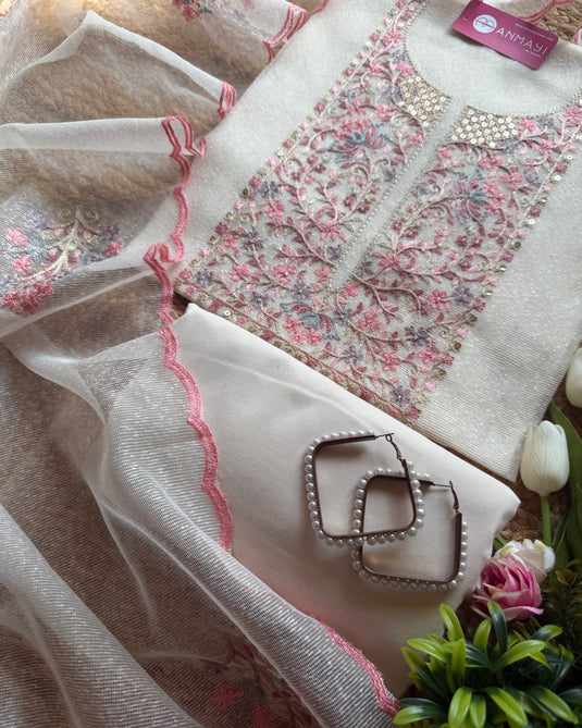 Kota Doria white feather work suit set