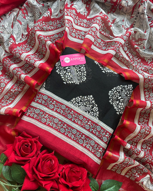 Pure Maheshwari red black combination suit set