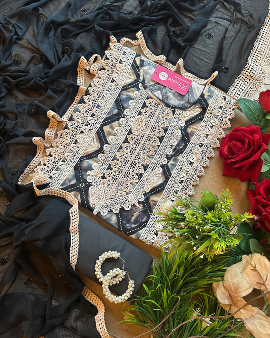 Pakistani crochet patterned cotton suit set with embroidered chiffon dupatta