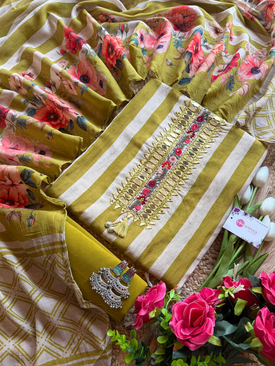 Stripes mul cotton suit set with mirror neck and digital dupatta