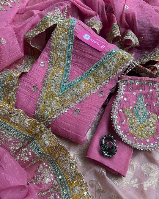 Crushed silk V neck zari detailed suit sets with potli