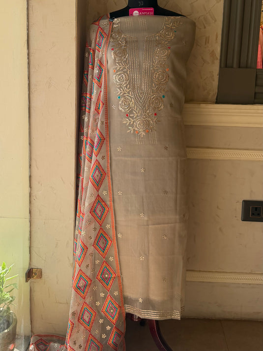 Kamdani work soft organza suit set with Phulkari dupatta