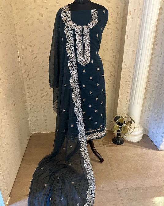 Intricate embroidered soft mul Chanderi suit set (Includes Shirt Lining)