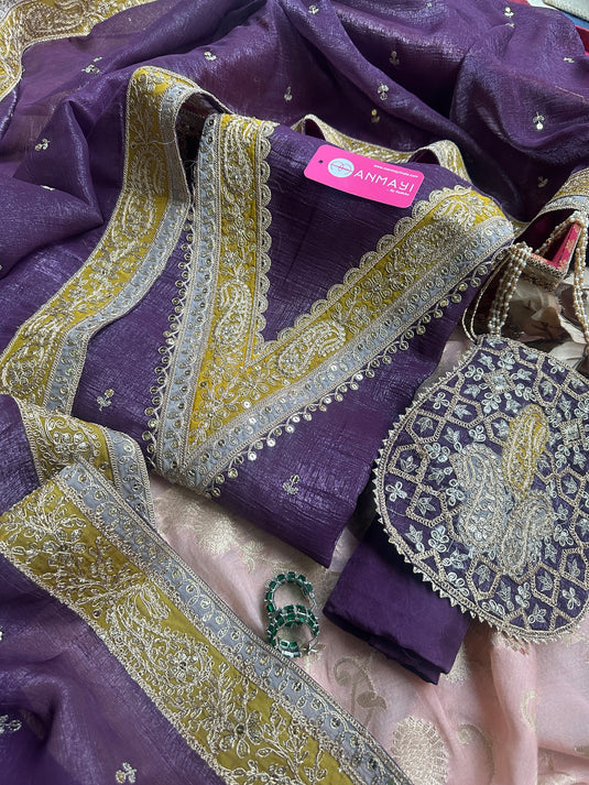 Crushed silk V neck zari detailed suit sets with potli