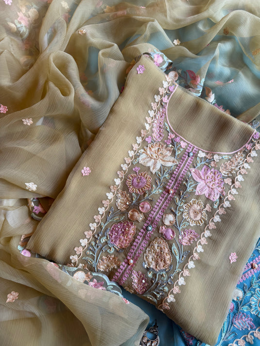 Chiffon coloured aari work suit set
