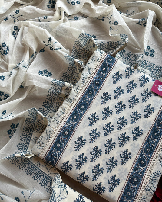 Panel block print suit embroidered suit with embroidered cotton dupatta