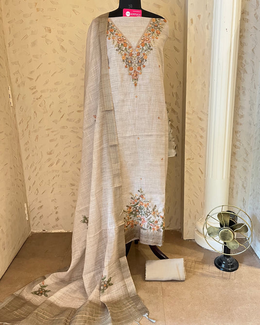 Linen french knot work beige suit set