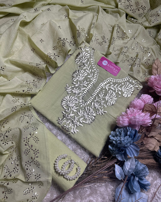 Pita work festive shade suit set with Mukaish dupatta