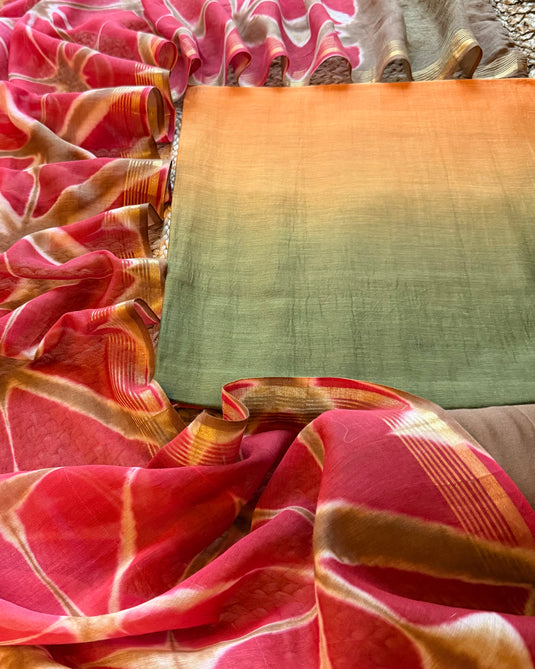 Ombré shaded pure mul chanderi suit with contrast bottom and Shibori dyed dupatta