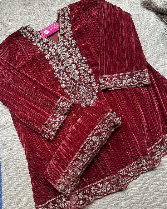 Crushed velvet Pakistani coord sets with Dori and mirror details