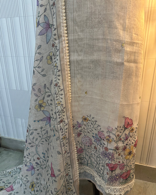 Ivory linen embroidered v neck suit set with digital print dupatta