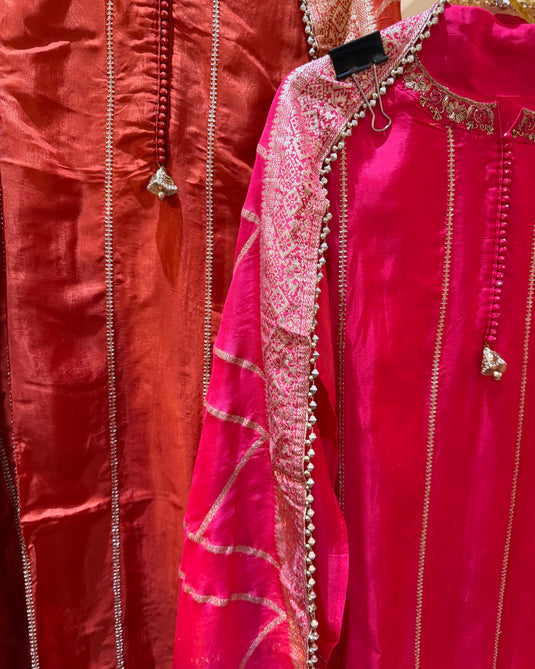 Upada Silk gotta work semi stitched suit set with banarasi dupatta