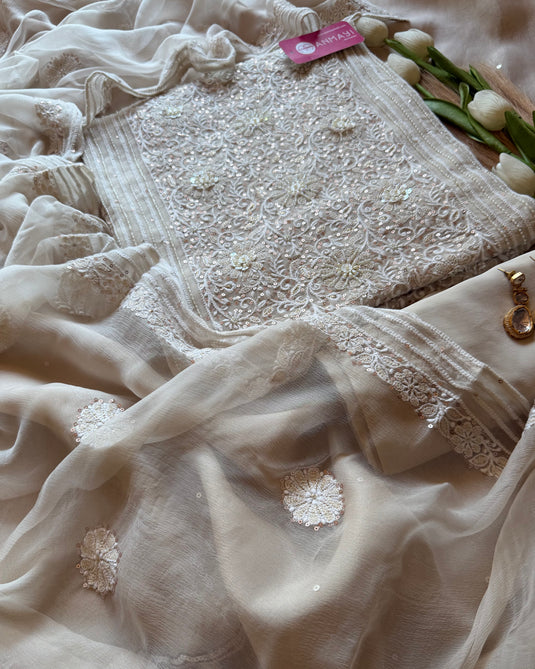Pure Georgette Chikankari panel Suit Set with chiffon patched dupatta