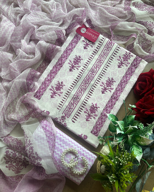 Traditional hand block pure cotton suit set with pure chiffon dupatta