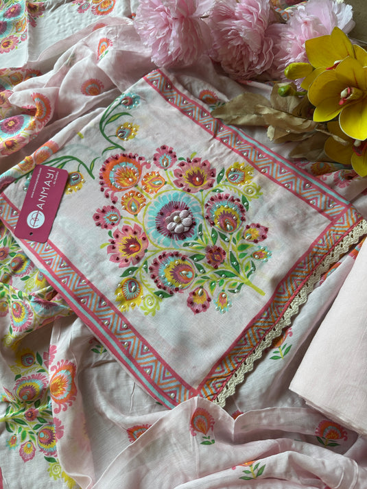 Persian print muslin baby pink semi stitched suit set
