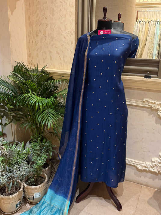 Mul Mul Chanderi zari polka pasting work with shaded gold dupatta