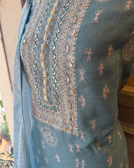 Warli print linen mirror neck suit set