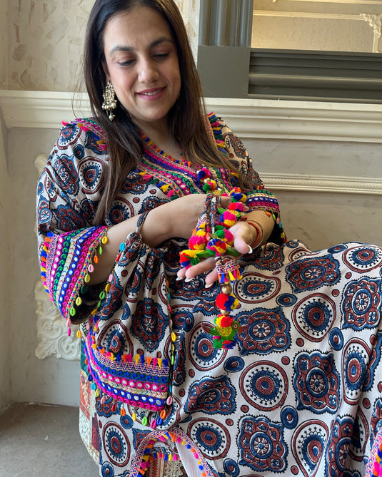 Farshi Salwar pure crepe ajrakh print stitched choga style set with potli