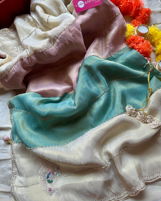 Tri Colour Shimmer Hand Embroidered Saree