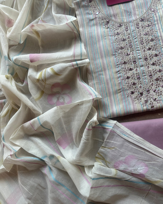 Rainbow stripes cambric cotton suit set with dori mirror neck and handprint dupatta