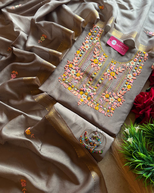 French knot work 70 gms Chanderi suit set