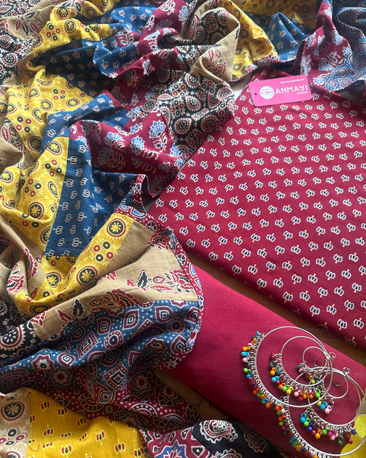 Patched dupatta ajrakh cotton suit set