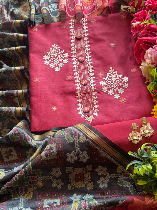Tussar silk buttoned pita work suit set