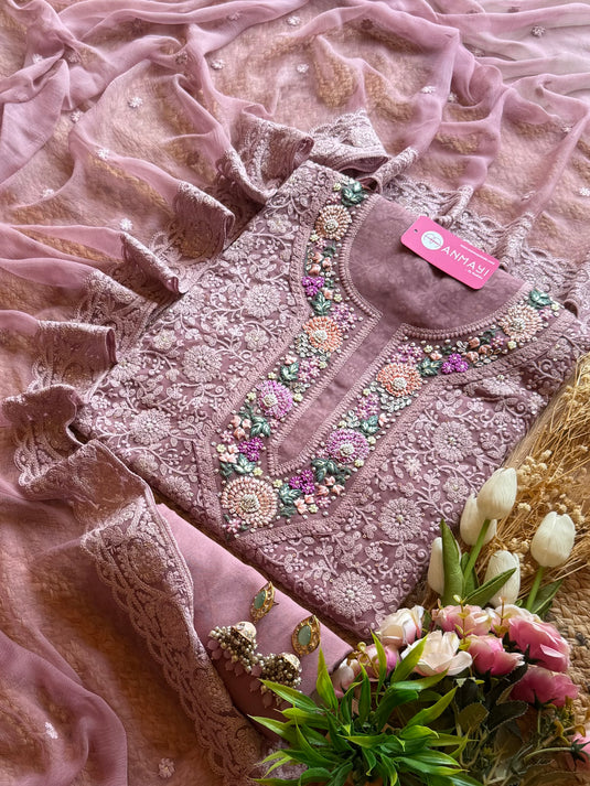Pure Georgette flower garden neck chikankari suit set