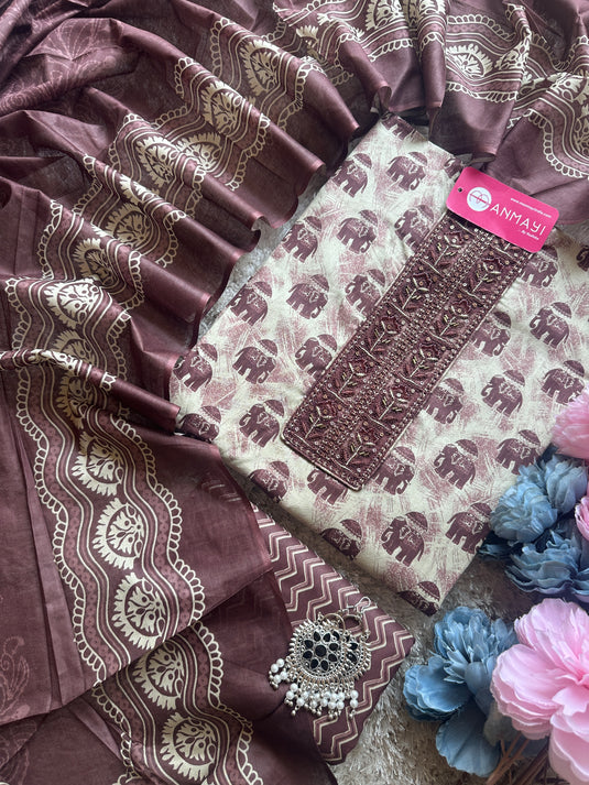 Elephant print cambric cotton suit set with cotton dupatta