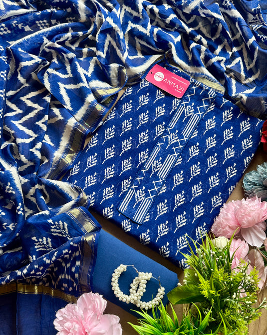 Abstract printed Maheshwari cotton suit set