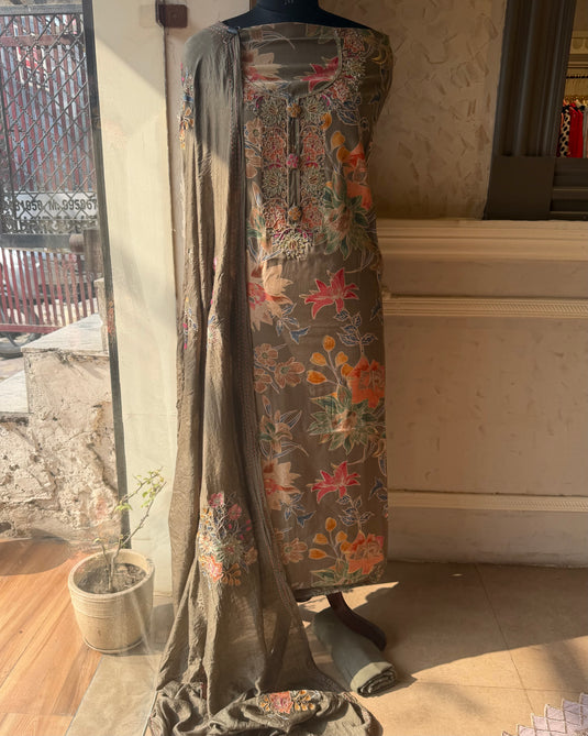 Printed pastel grey modal suit set