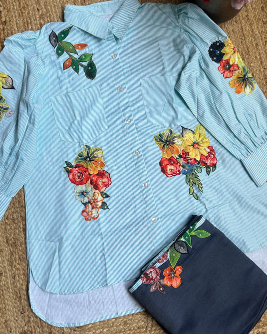 Stripy high low pattern patch pearl detailed coord set with denim bottoms