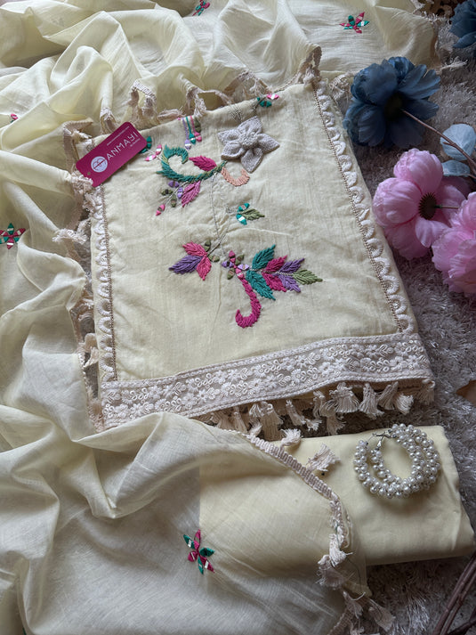 Wool mirror work Mul Chanderi sets with tassel dupatta