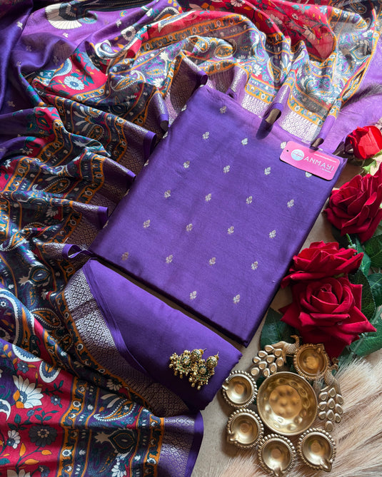 Purple Banarasi pure silk suit with print dupatta