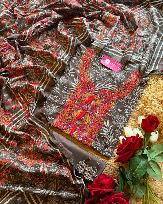 Fine Cambric printed cocoa suit set with coloured machine work