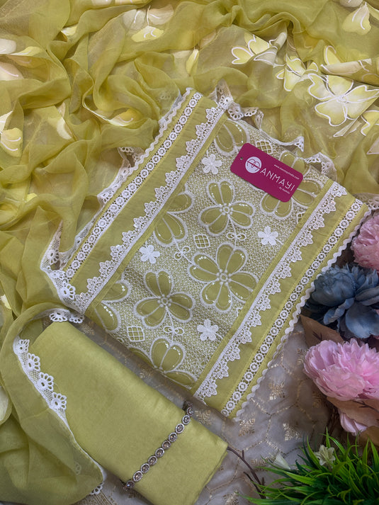 Pastel organza crochet detail suit set with handpaint dupatta