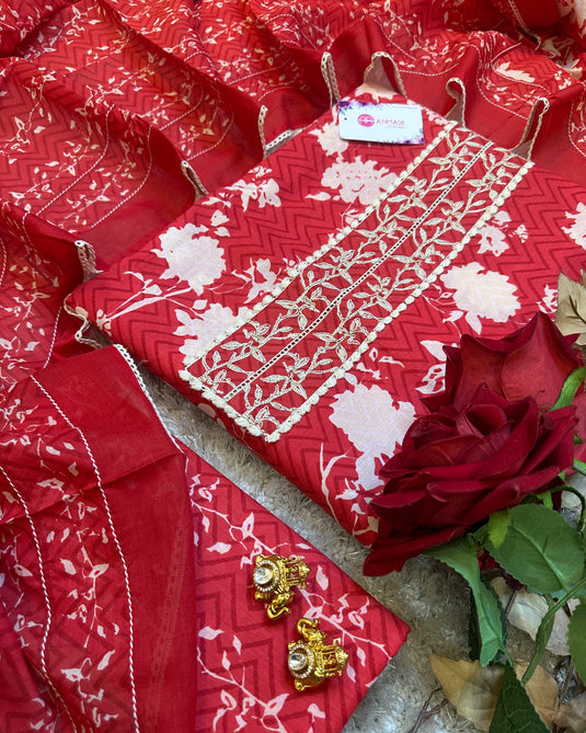 Bright red pure cotton floral print suit set