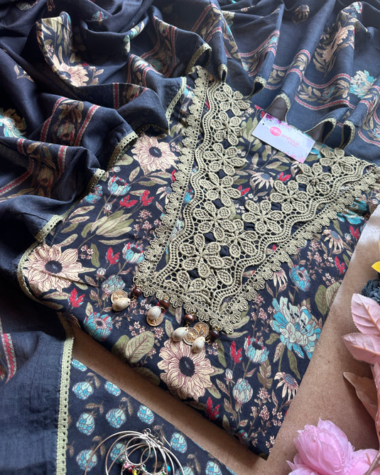 Crochet work pure cotton floral suit set with cotton dupattas