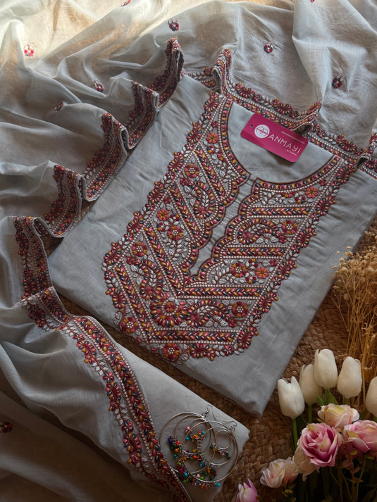 Mul Chanderi Phulkari coloured work suit set