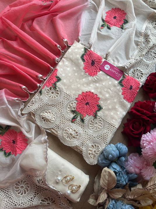 Wool work crochet lace self cotton suit set with ombré kota dupatta