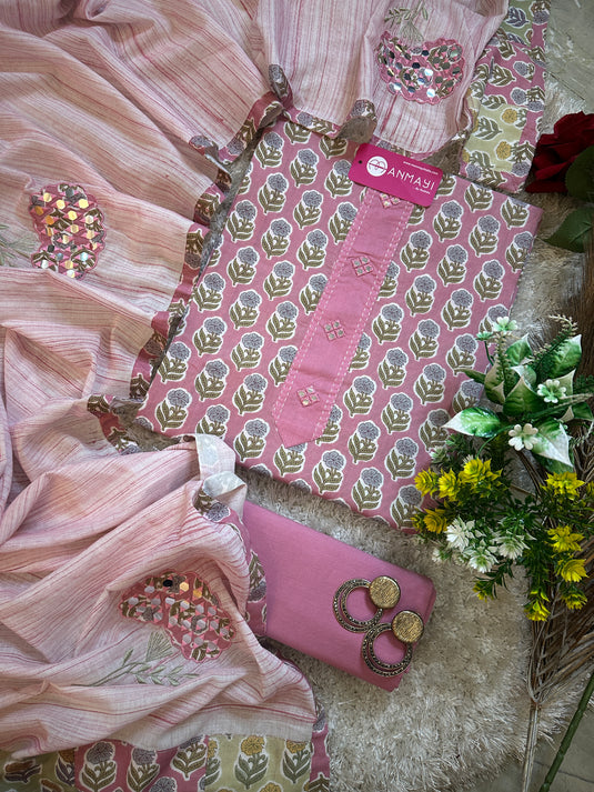 Block print Jaipuri fine cotton suit with paper mirror work