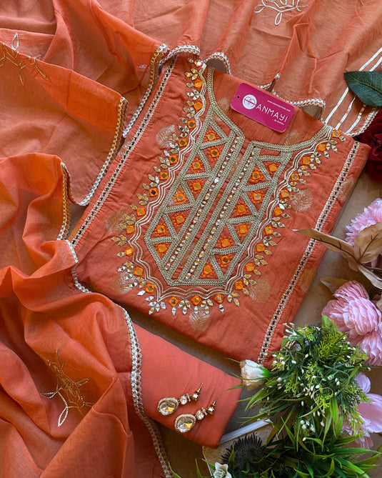 Mirror detailed dori neck mul chanderi banarasi suit set