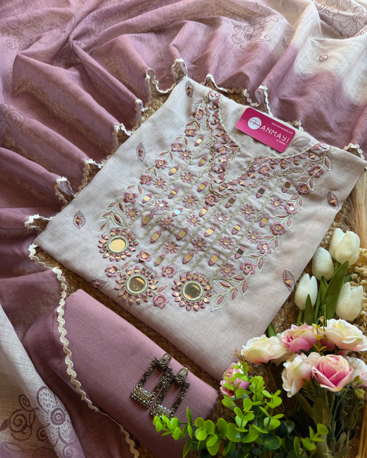 Fine linen real mirror neck ombre suit set