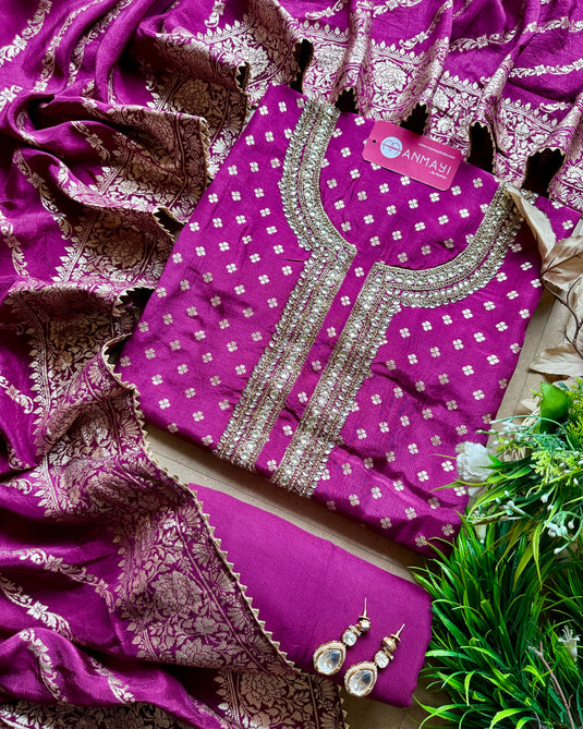 Dolla Silk Banarasi Kundan kurta Patti suit set