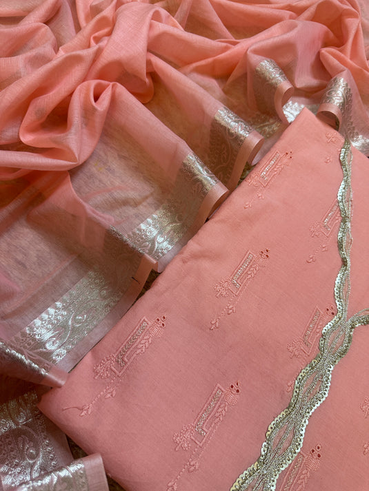 Bright hakooba Zari work cotton suits with mul Chanderi dupatta
