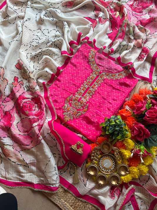 Abstract self fuchsia pink combination upada silk suit set