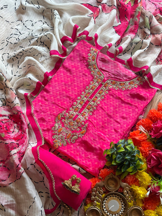 Abstract self fuchsia pink combination upada silk suit set