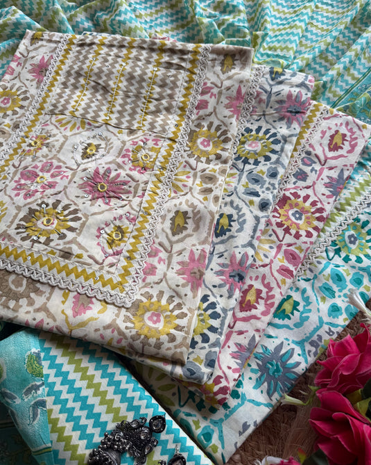 Abstract cream floral cambric cotton suit set